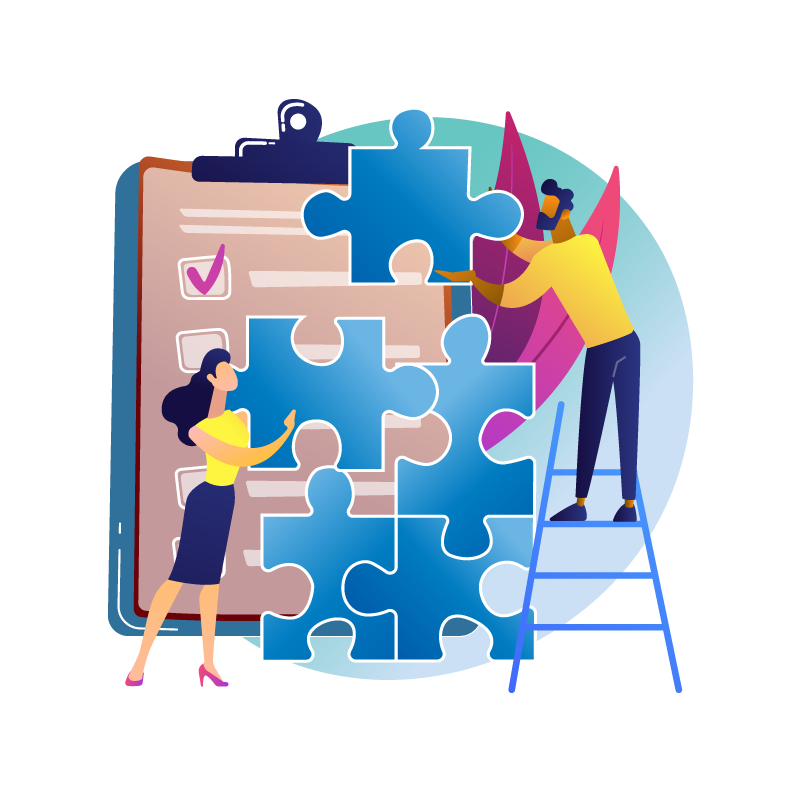 concept illustration: woman helping man put a puzzle together